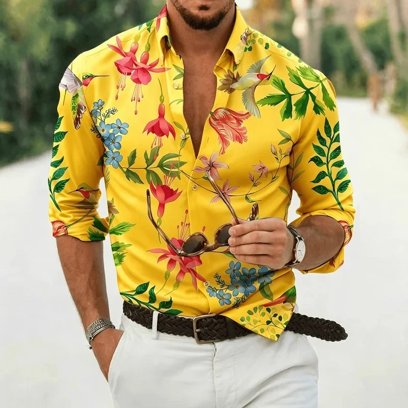 Men's Tropical Floral Print Long Sleeve Shirt, Plumeria & Hummingbird Casual Hawaiian Style Button Down for Spring & Summe
