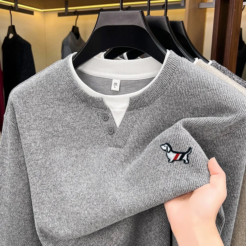 Fashion Trend Solid Color Men's Fake Two‑Piece T-Shirt Autumn Winter Comfortable Long Sleeved Pullover Tops Business Men's Wear