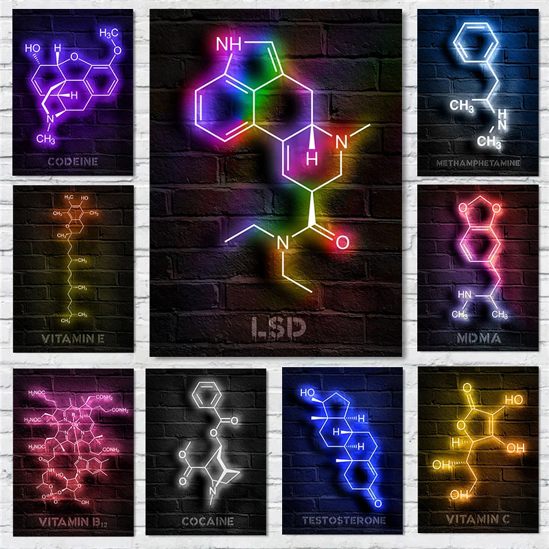 Neon Style Chemistry Molecules Poster Physics Science Prints Canvas Painting Wall Art Pictures Home Room Modern Laboratory Decor