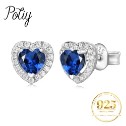 Potiy Love Heart Total 1.23ct Created Blue Sapphire 925 Sterling Silver Stud Earrings for Women Gemstone Fine Daily Jewelry Gift