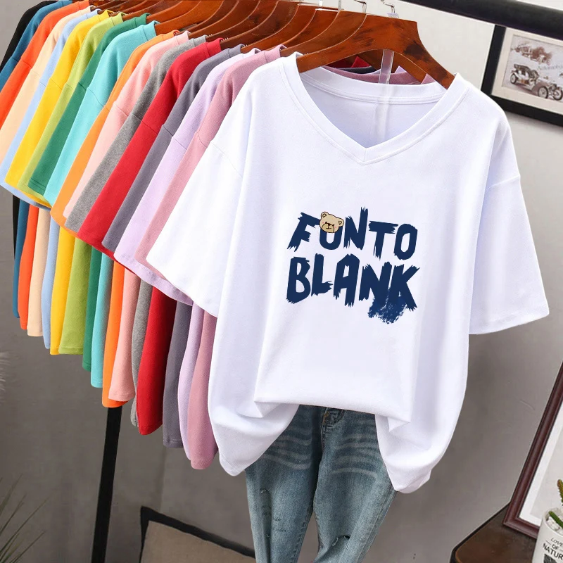 เสื้อยืดคอวีผ้าฝ้ายแท้ทรงหลวมขนาดพลัสสำหรับผู้หญิงแฟชั่นฤดูร้อนเกาหลี Sle f Sve Body Slimming Top