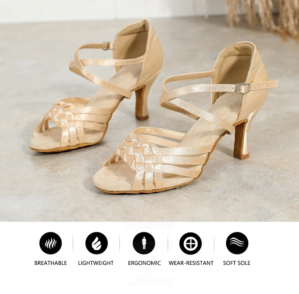 CINMIDY Satin-Tanzschuhe für Damen, Latein-Tanzschuhe, Tango-Salsa-Ballsaal-Tanzschuhe, Weichsohlen-Sandalen, Indoor-Party-Schuhe – Detail 3