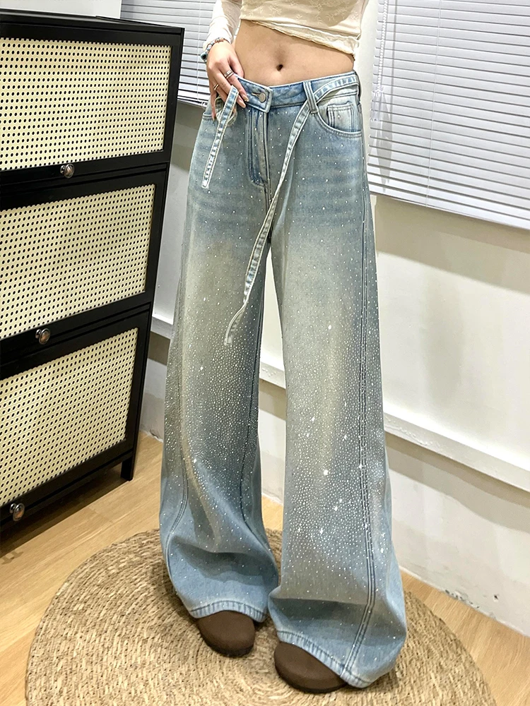 

Американские джинсы с блестящими стразами по всей поверхности в стиле High Street, женские летние модные брюки в пол