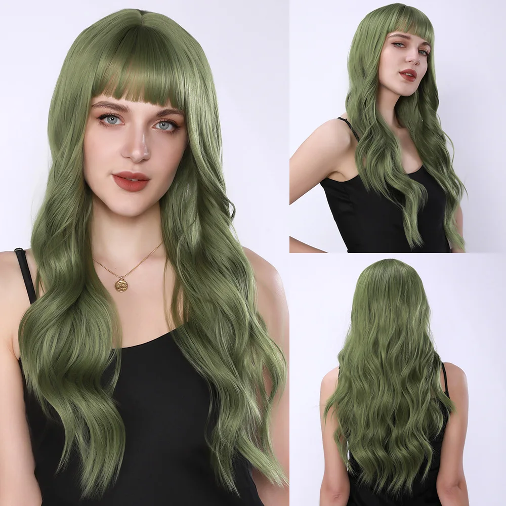 

Fashion wig female Qi bangs big waves long curly hair cos green wig full headgear