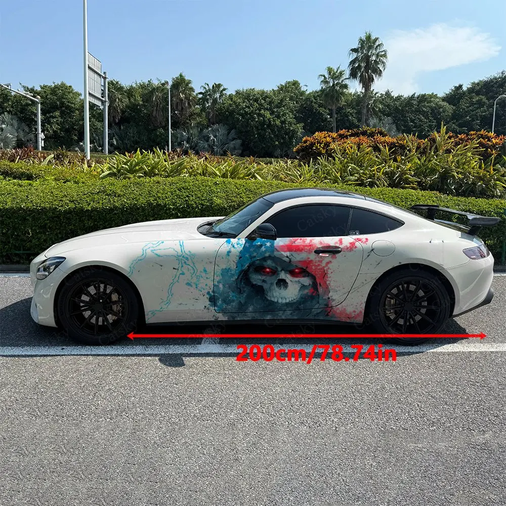 2pcs Lightning Red-Eyed Skull Car Side Wraps, Self-Adhesive PVC Waterproof & Scratch-Resistant Stickers, Car Accessory Gift