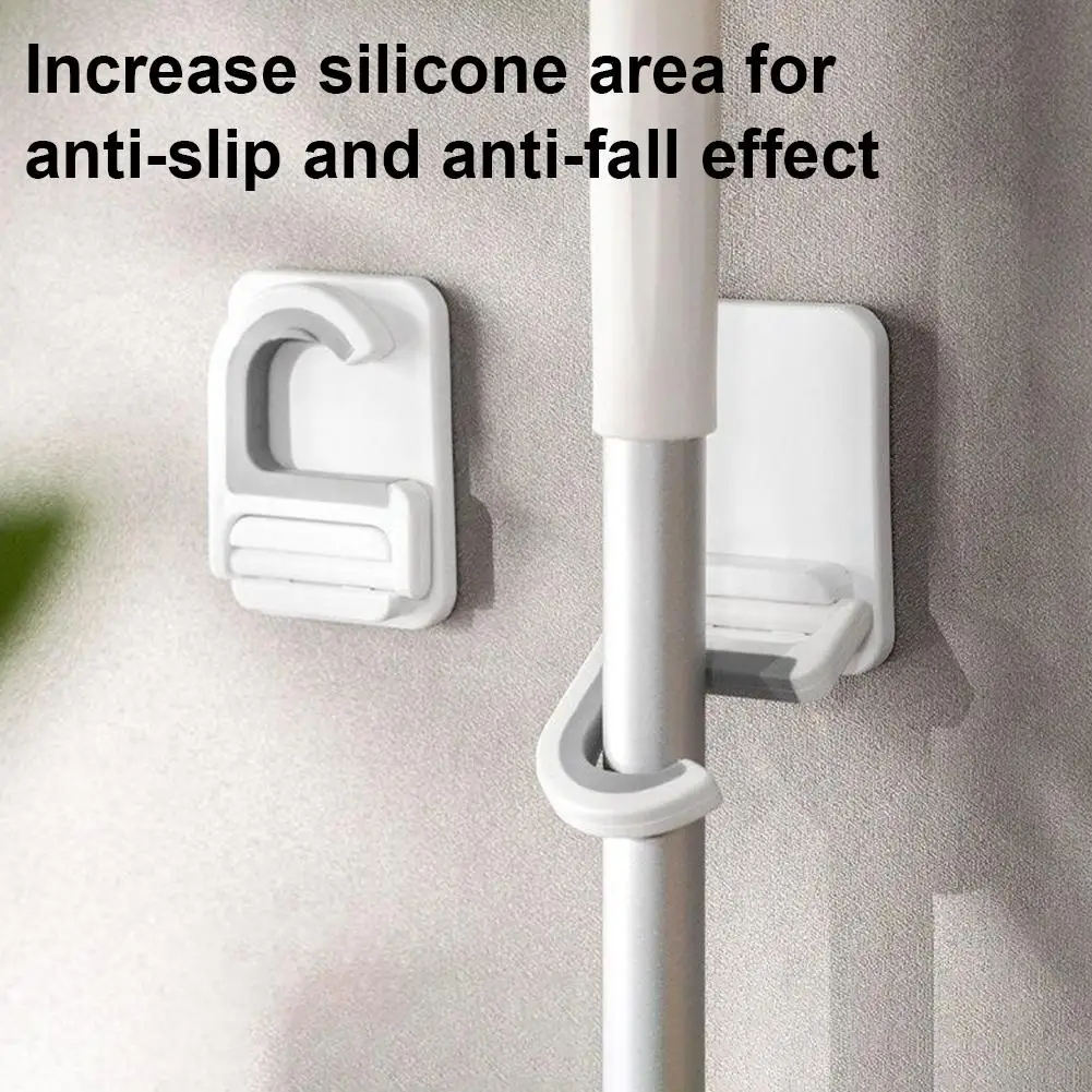 2 Pcs Wall Mount Mop Clip Holder Self-adhesive Broom Brush Mop Hanger Organizer Rack Kitchen Bathroom Storage Multi-Purpose Hook
