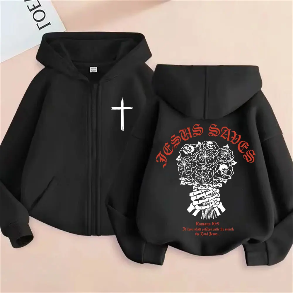 

Christian Jesus Saves Bible Verse Zipper Hoodie Skeleton Merch Zip Up Jacket Men Hip Hop Gothic Oversized Zip Up Sweatshirt Coat