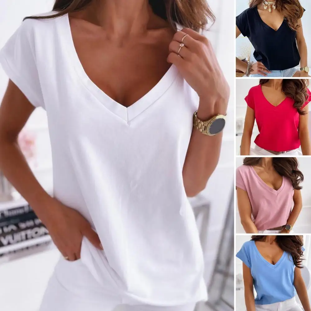 V-Neck Women\'s Sexy T-shirts Short Sleeve Breathable Simple White Tops T-shirt Solid Color Pullover Top Streetwear Футболка