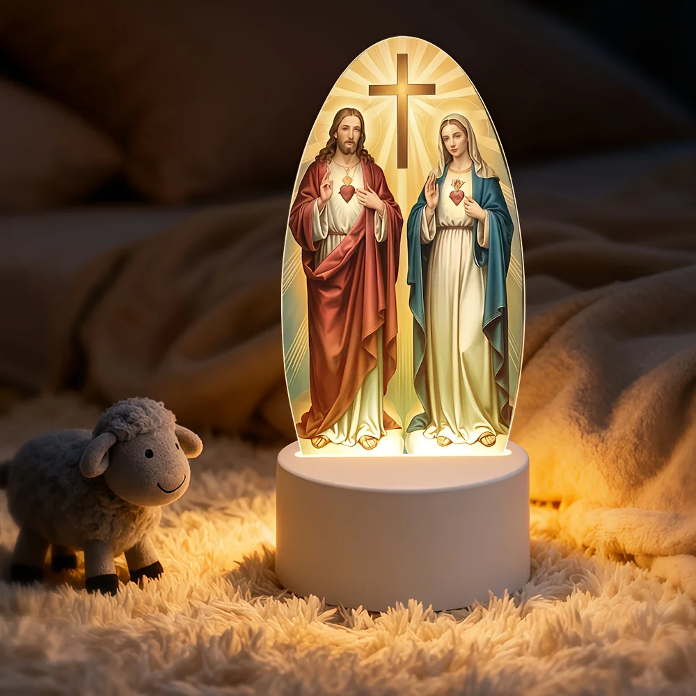 2D Bohemian-Style Jesus and Virgin Mary LED Night Light – Acrylic with USB Power, Inspirational Desktop Lamp for Bedrooms