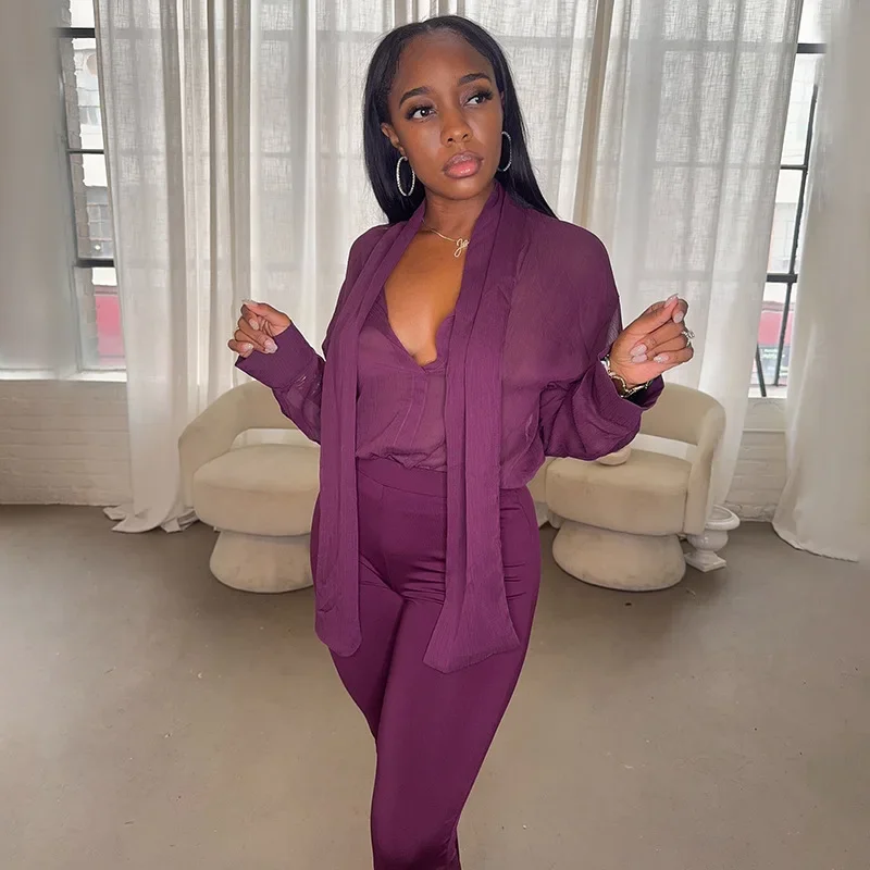 

Однотонный комплект из 2 предметов, сексуальный комплект с v-образным вырезом и лентами, длинный рукав, прозрачные сетчатые рубашки, топ + расклешенные брюки с высокой талией, женский модный повседневный костюм