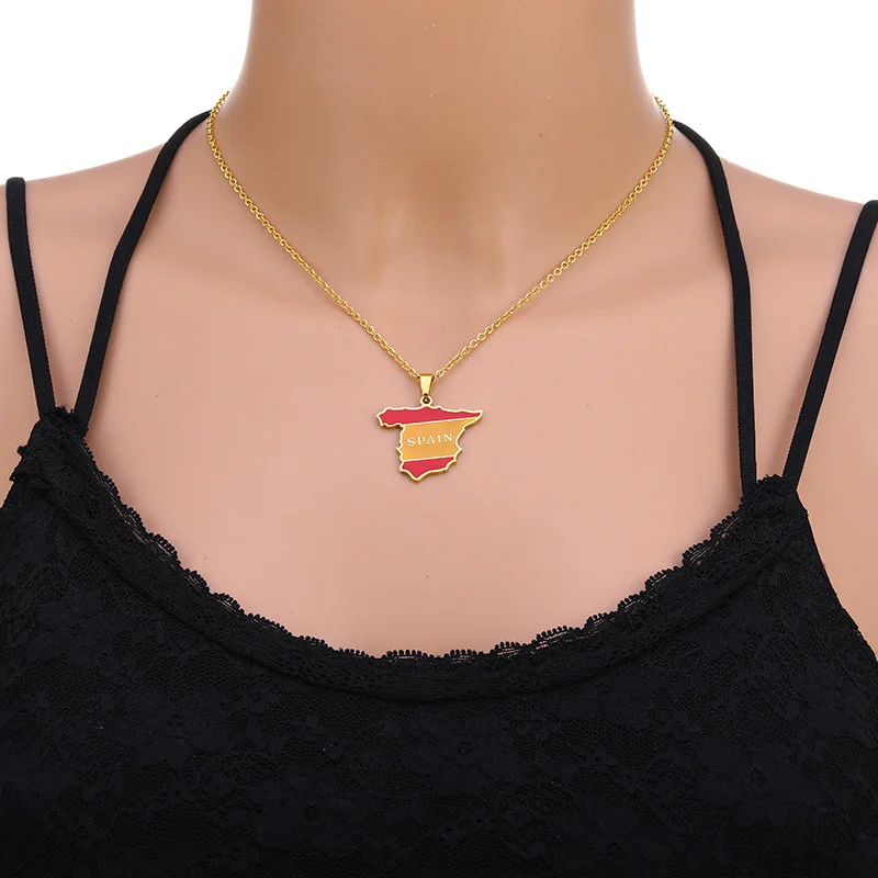 Stainless Steel Spanish Drop Oil Map Pendant Necklace