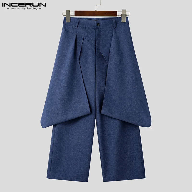 INCERUN 2025 アメリカンスタイルのズボンファッションメンズレイヤード解体デザインロングパンツカジュアルシティウォーク男性固体パンタロン