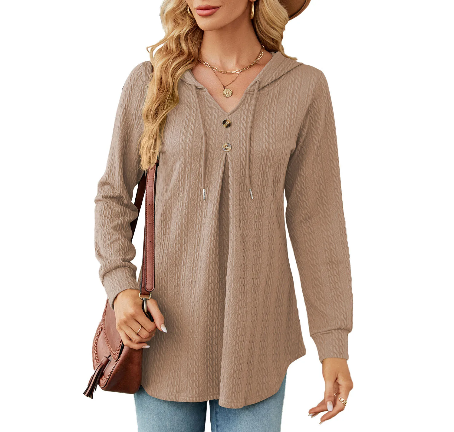 

Autumn and Winter New Fashion V-neck Loose Long-sleeved Hooded Sweater Casual Jacket Female