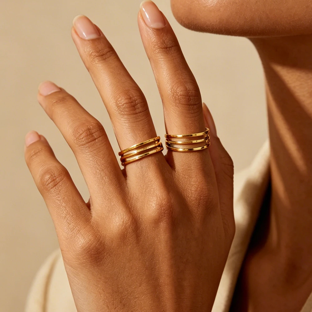 Minimalistische, mehrschichtige offene Ringe für Damen, 18 Karat vergoldeter Edelstahl, geometrischer Ring, ästhetischer Hochzeitsschmuck, Geschenk