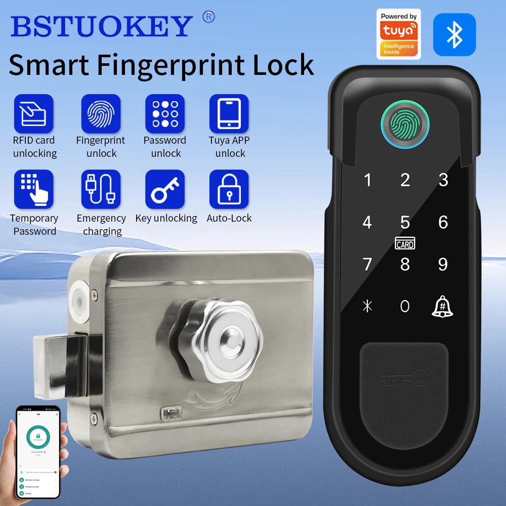 Outdoor Tuya Smart Home Door Lock Double Side Fingerprint Sensor Digital Code IC Card Smart life App Electronic Gate Lock 3 Keys