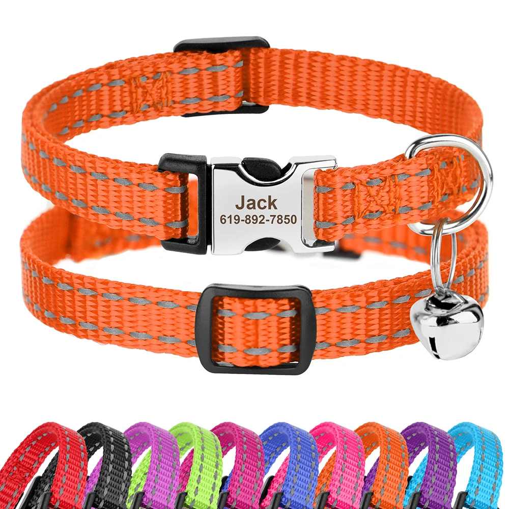 Eingraviert Individuelles Katze Kragen Reflektierende Kätzchen Welpen Halsbänder mit Glocke Personalisierte Pet Katzen Kragen Halskette Zubehör 1cm Breite – Detail 3