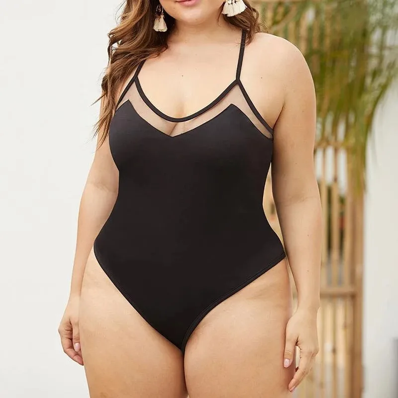 2026 Women Plus Size One Piece Swimsuit Mesh V Neck Halter Strap Tummy Control Slimming Solid Bathing Suit Brazil Beach Swimwear