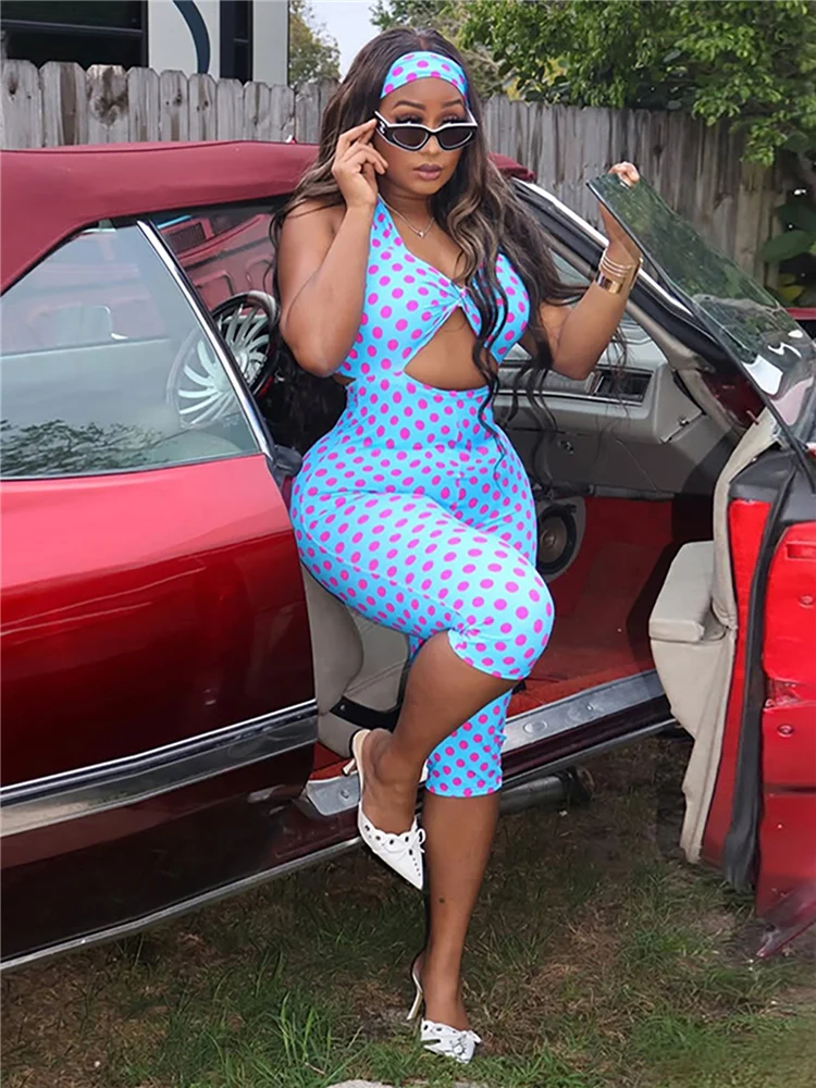 

Whatiwear Playsuits Woman Polka Dot Print Halter Low-Neck Hollow Design Sleeveless Peach Hip Hot Girls Slim High Street Rompers