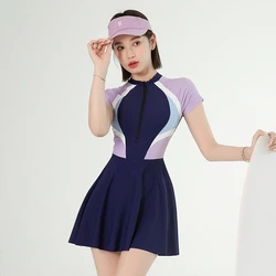 Patchwork Modest Swimwear Women Short Sleeve One Piece Swimsuit Boxer Bottom Hot Spring Clothes Korean Style Swimming Suit