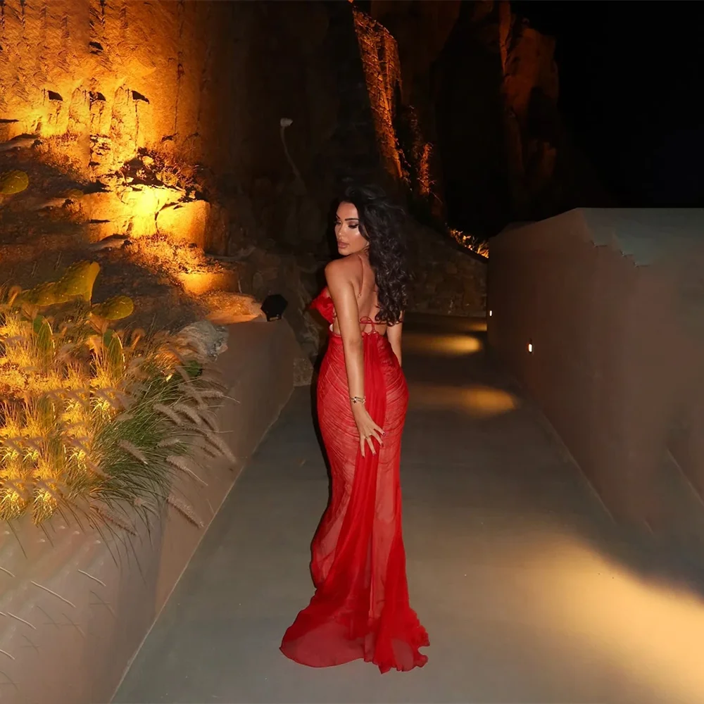 Eleganti abiti da ballo con volant Arabo personalizzato senza maniche piega sirena tulle abito da sera abito da festa abiti para laurea