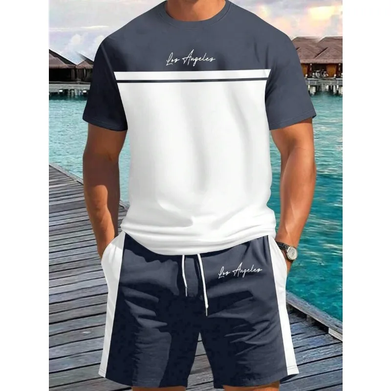 

Мужской комплект из двух предметов с принтом Лос-Анджелеса, футболка с цветными блоками и шортами, стильная летняя пляжная одежда, удобный повседневный наряд
