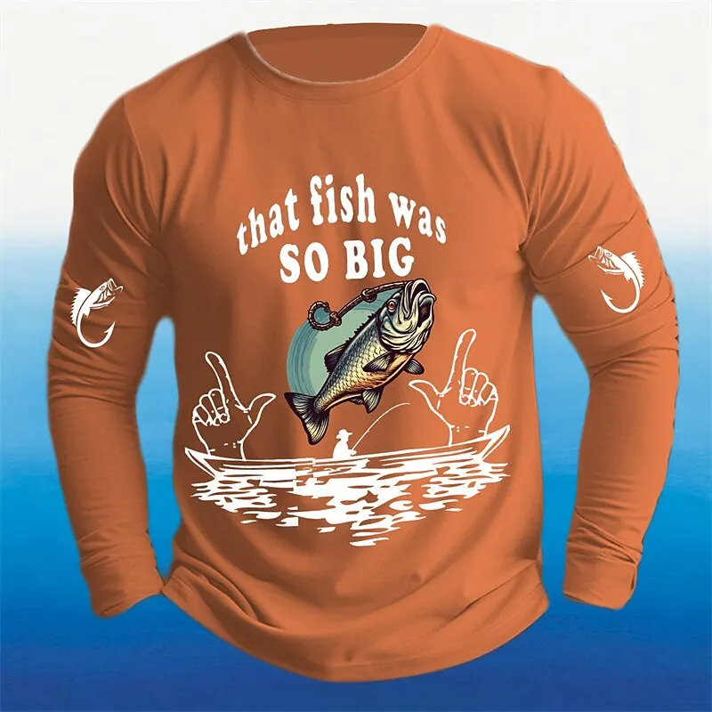 3D Print Fish Pattern Men's Long Sleeve T-Shirt Fashion Creative Design Outdoor Fishing Top Autumn Loose O-Neck Pullover For Men