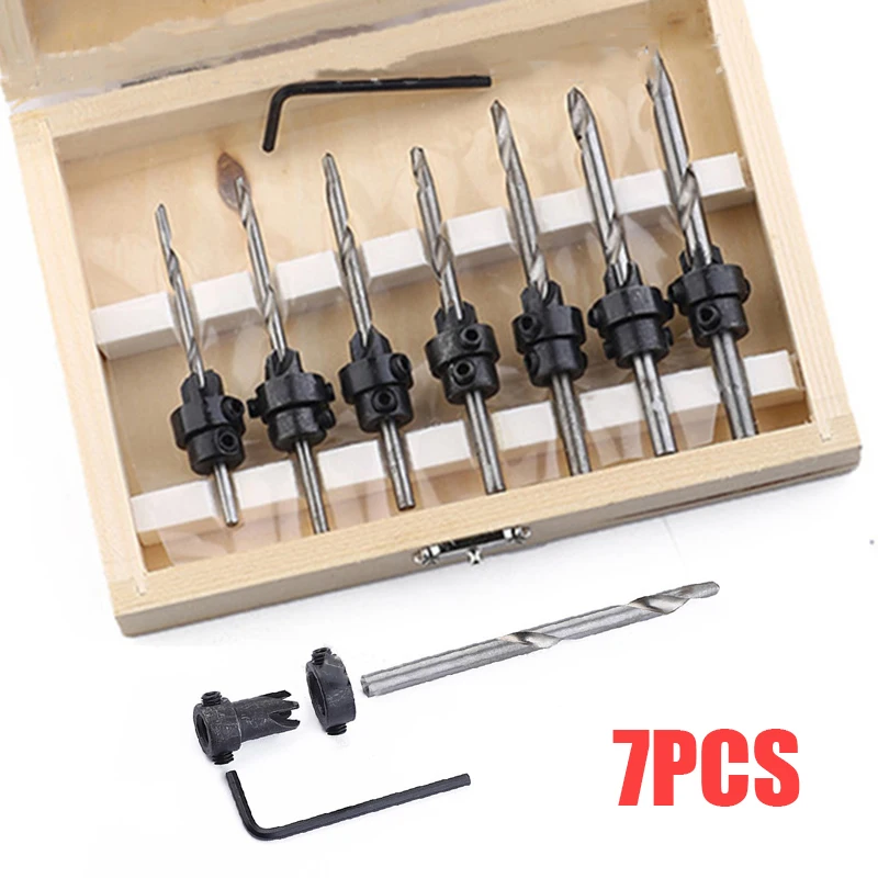 7 Piece Wood Screw Drill Bit Set Integral Countersinks Wooden Case Hole Puncher