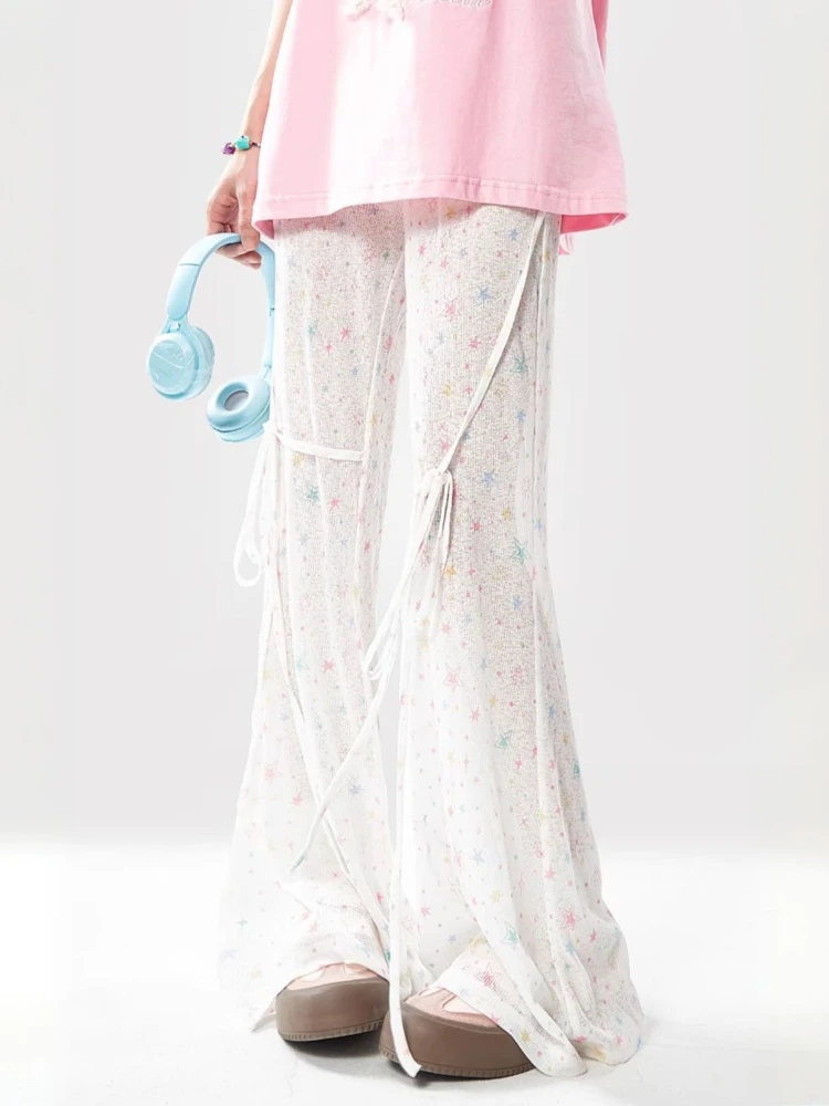 

Корейский стиль, защита от солнца, повседневные микро-расклешенные брюки, женские летние полупрозрачные сетчатые прямые брюки с высокой талией, тонкие длинные брюки