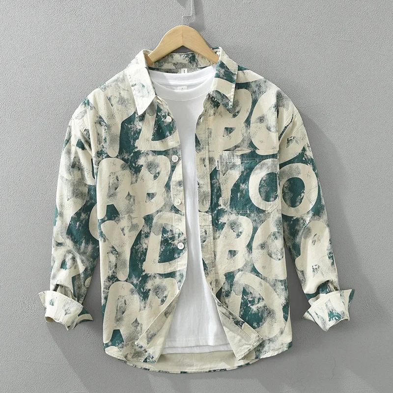 

Spring Printed Shirts Male Japanese Streetwear Loose Long Sleeve Tops Casual 100% Cotton New in Shirts Youth Fashion Clothing