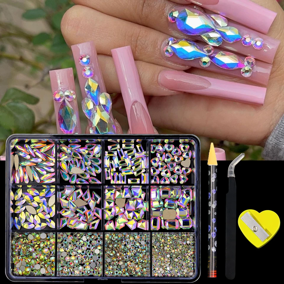 780-980 piezas de strass 3D de lujo para uñas, cristales transparentes/AB/rojos/azules de base plana, con lápiz de cera y pinzas, en caja 5