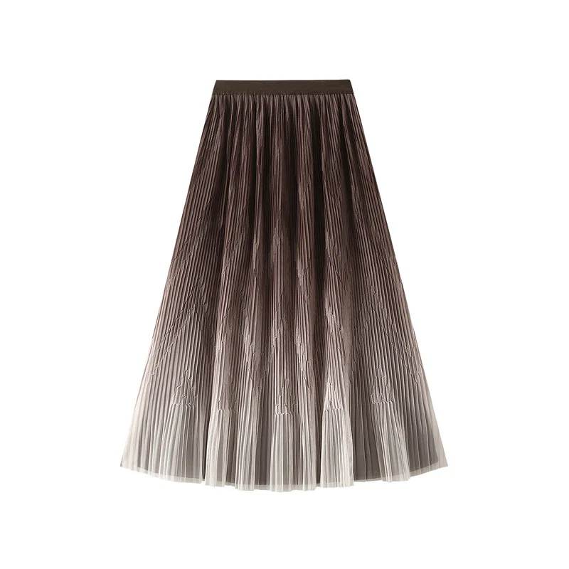 

New Midi Length Gradient Color Skirt Women Fashion Korean Elastic High Waist Casual Pleated Skirts Female All-match Skirt Women