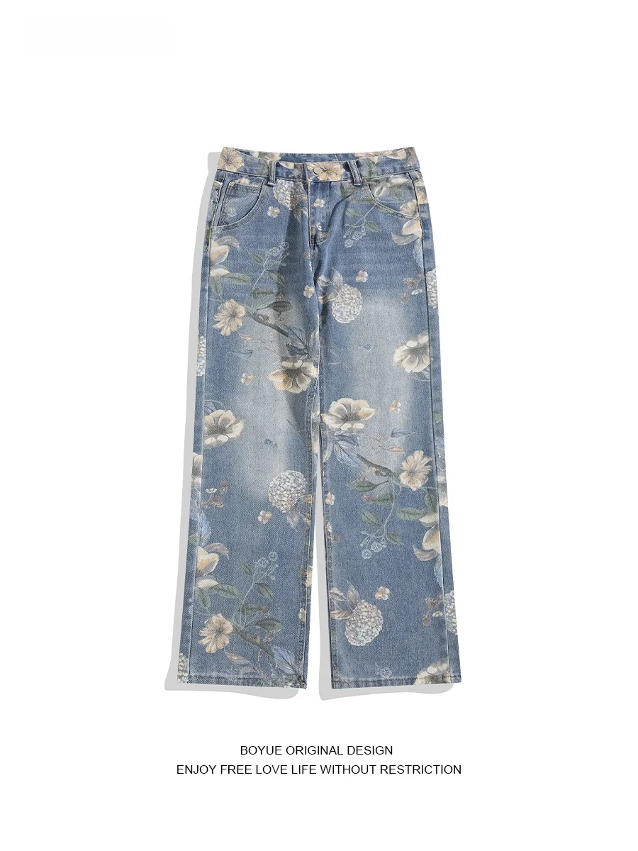 

Boyue Floral Print Straight Leg Wide Leg Pants Loose Faionable Loose Jeans for Men Youth Trendy High Waist Zipper Closure
