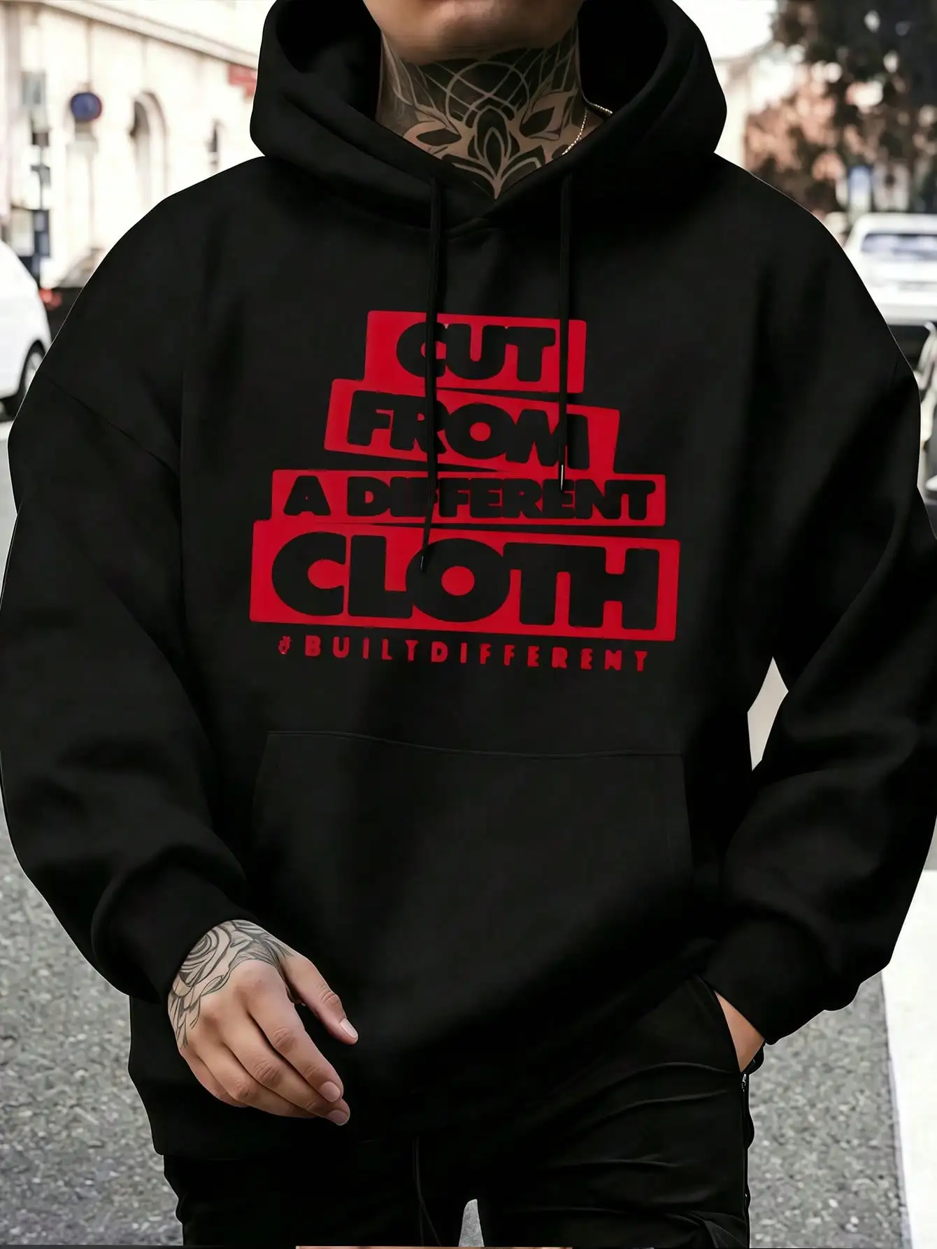 Men Cut From A Different Cloth Graphic Hoodie Built Different Motivational Slogan Block Text Print Pullover Sweatshirt Autumn Winter Kangaroo Pocket Black Streetwear Hooded Tops Unisex