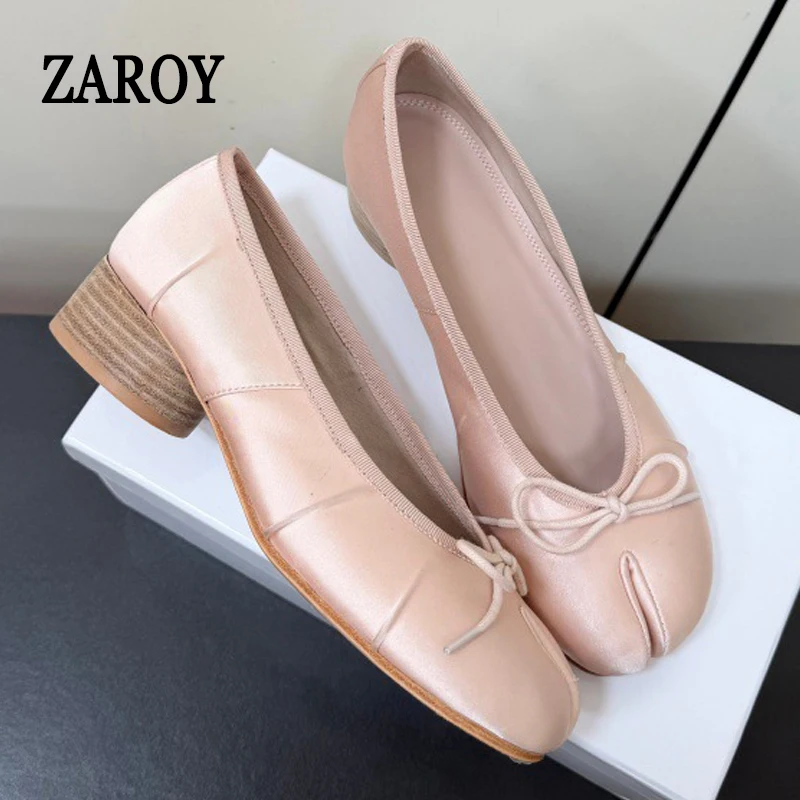 Split Toe Tabi Women's Pumps And Heels Elegant Bowknot Satin Ballet Shoes Square High Heel Brand Designer Loafers Dress Sandals