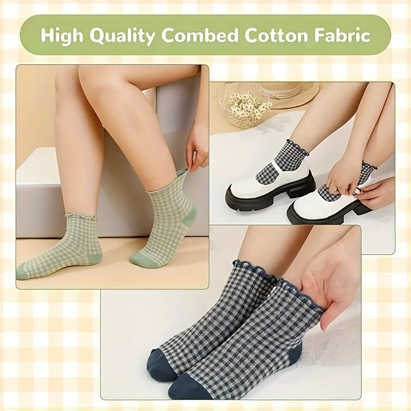 6 Paar Vintage Karierte Spitzen-Mid-Tube-Socken für Mädchen mit Bogenrand, Bunte Niedliche Kurzsocken – Detail 5