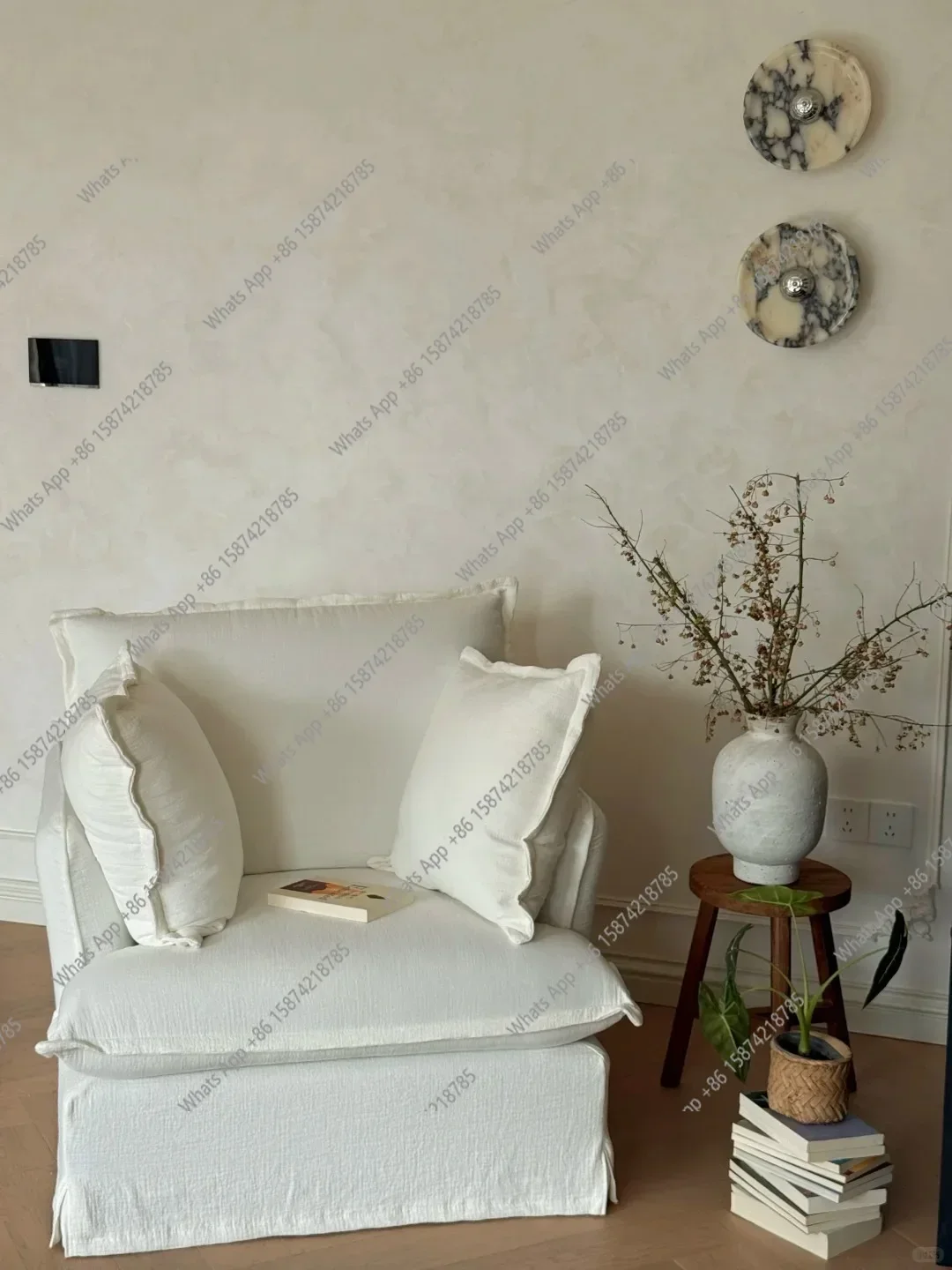 

N49 J Vintage Wabi-sabi Style Fabric Sofa Cotton And Linen American Country French Pastoral Linen Single Sofa Can Be Removed And