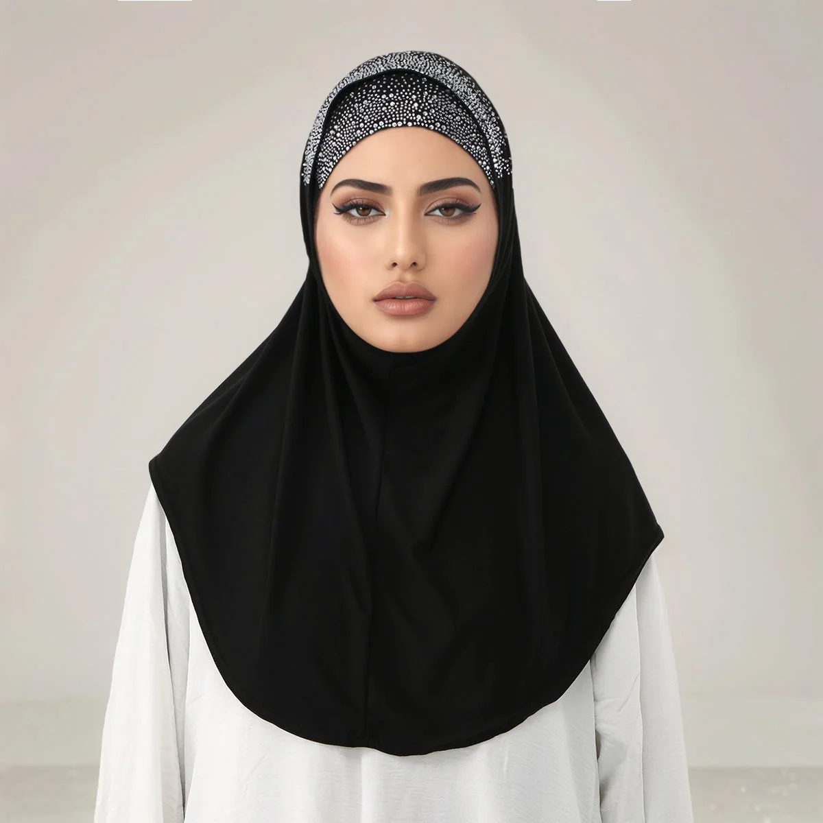 2pcs/set Muslim Instant Hijab with Open Caps Women Rhinestone Jersey Hijab Head Cover Neck Islam Solid Undercap Turban Tube Caps image 2