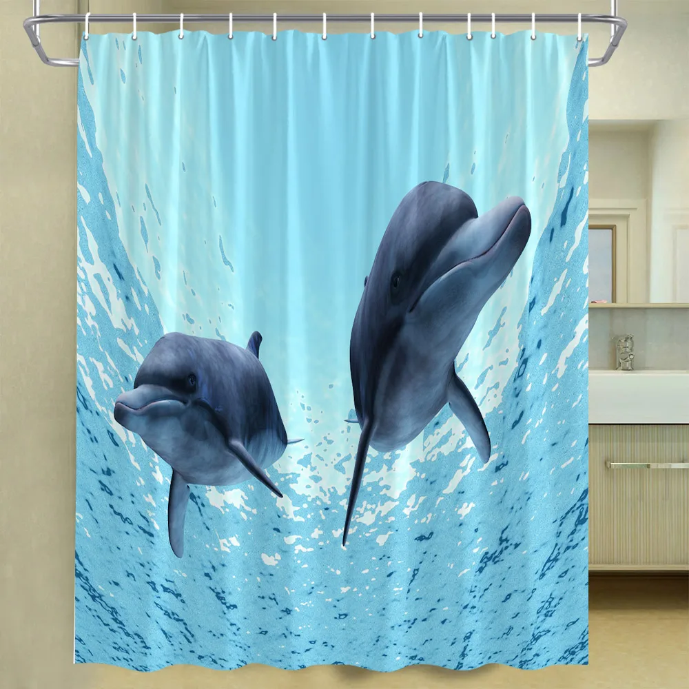 Dolphin Shower Curtain Underwater Sea Creatures Cartoon Seahorse Sea Turtle Printed Bath Decor Curtain Washable Bathroom Curtain