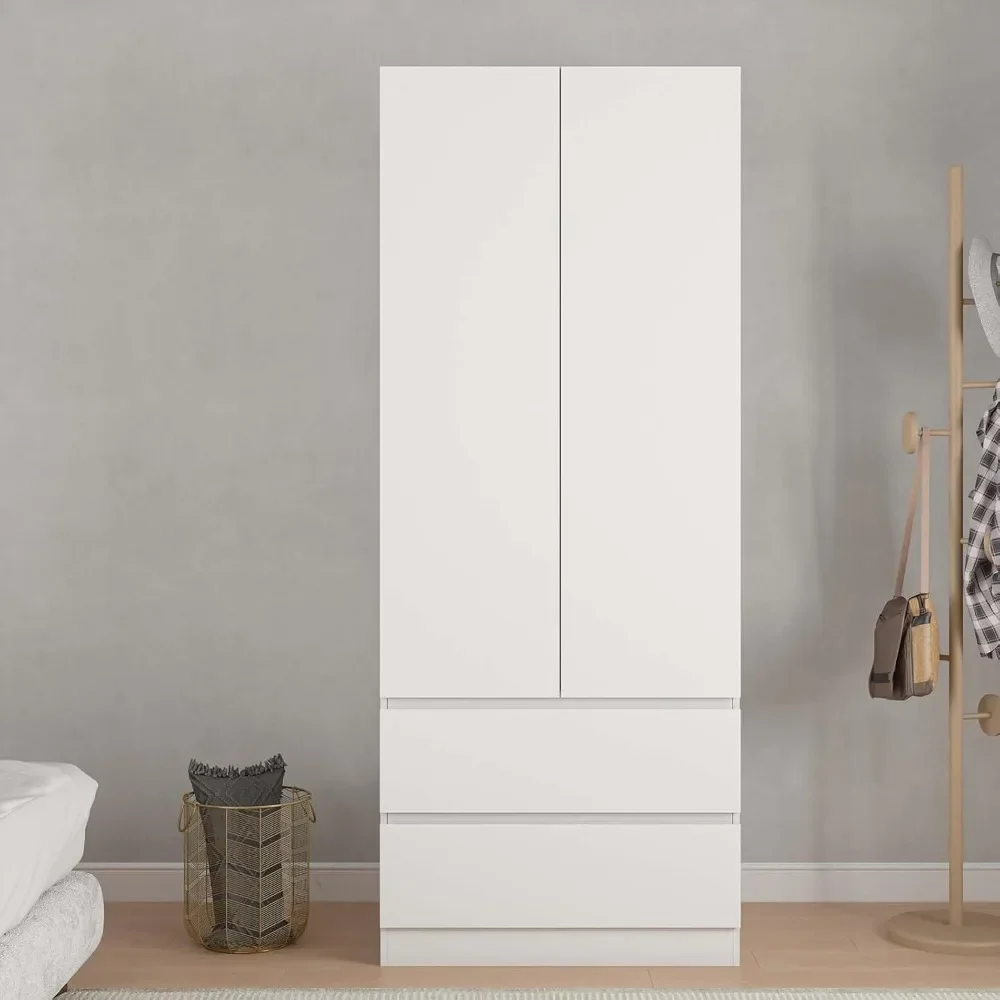 2 Doors Armoire Wardrobe Closet with Drawers and Shelves, Armoire and Wardrobe with Hanging Rod