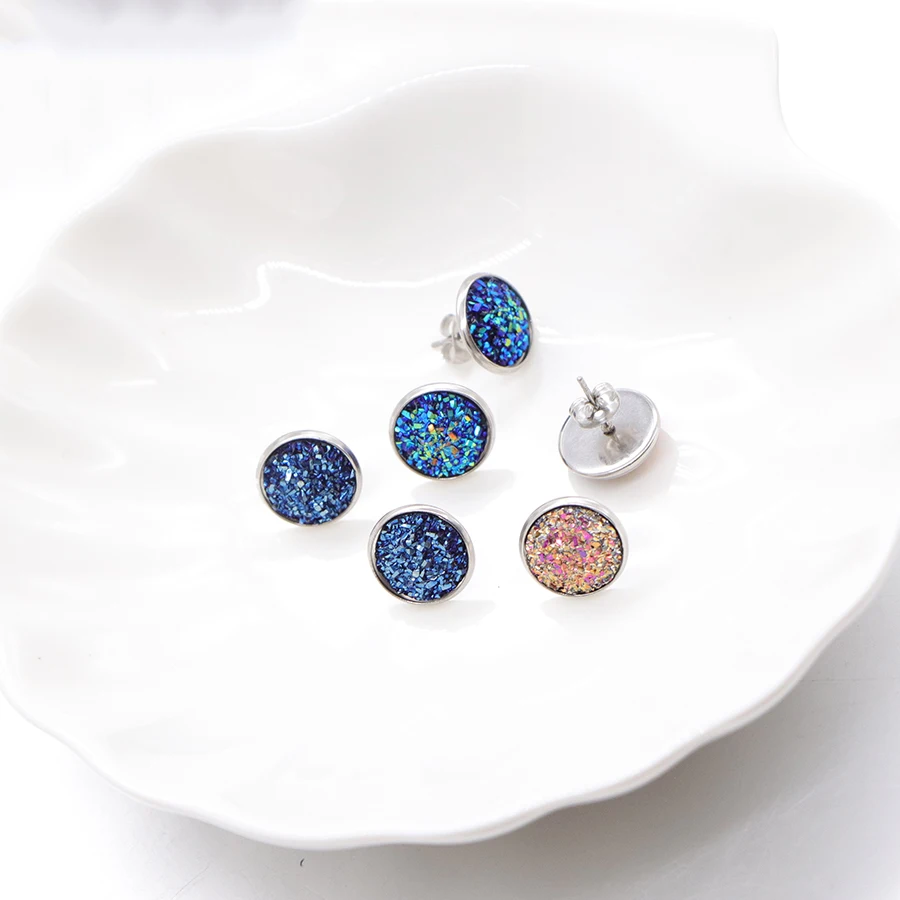 9pair/lot 9Colors Glitter  Round Stud Earrings Stainless Steel Jewelry for Women Colorful Resin Druzy Drusy Ear Studs Earrings