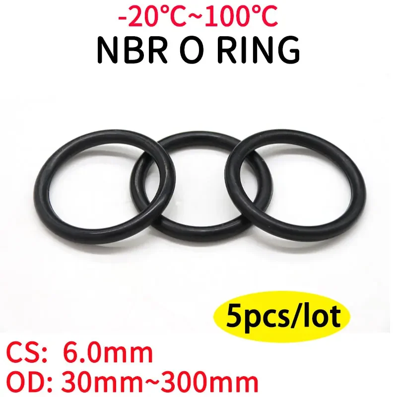 5pcs NBR O Ring Seal Gasket Thickness CS 6mm OD 30~300mm Nitrile Butadiene Rubber Spacer Oil Resistance Washer Round Shape Black