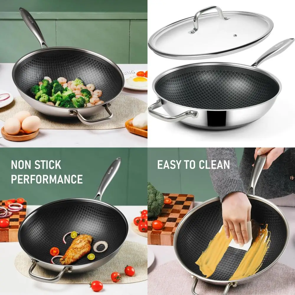 

12-Inch Nonstick Stainless Steel Wok with Lid, Cool Handle, PFOA-Free, Dishwasher and Oven Safe, Suitable for All Cooktops