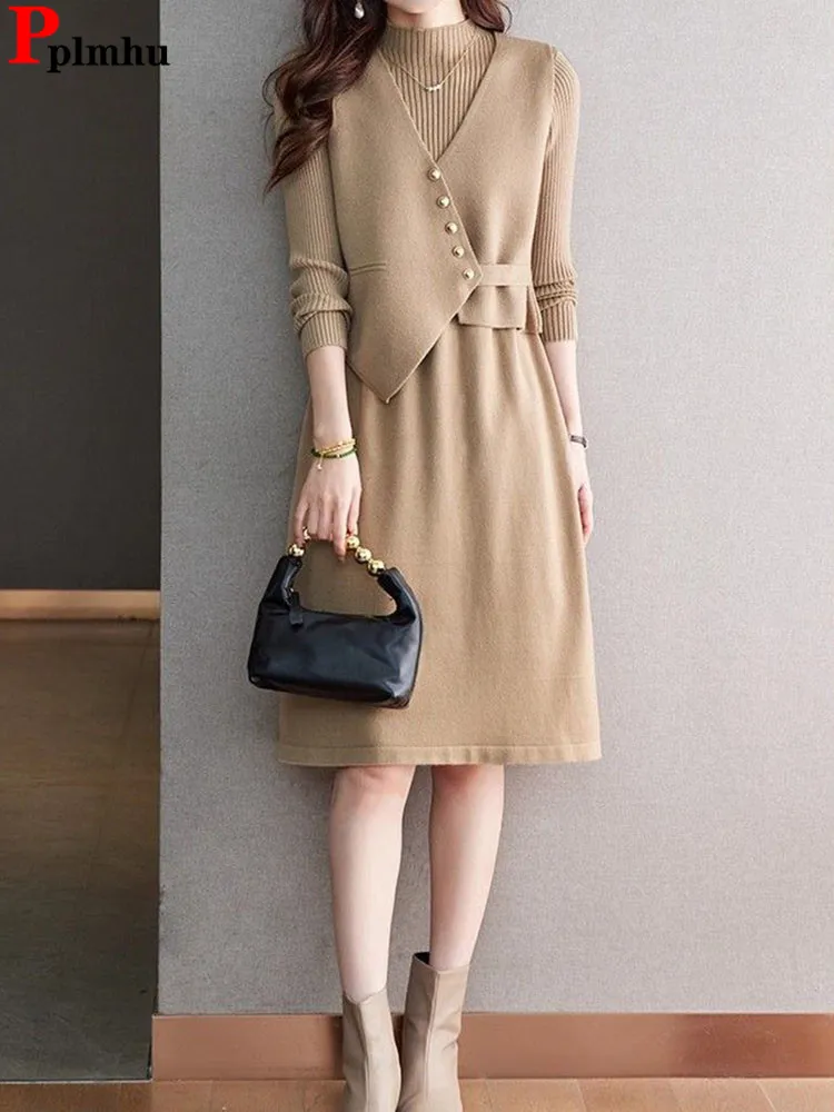 

Осень-зима, новые вязаные комплекты из 2 предметов, женские короткие жилеты без рукавов с v-образным вырезом, топы Conjuntos, корейское однотонное тонкое платье трапециевидной формы на подкладке, наряд