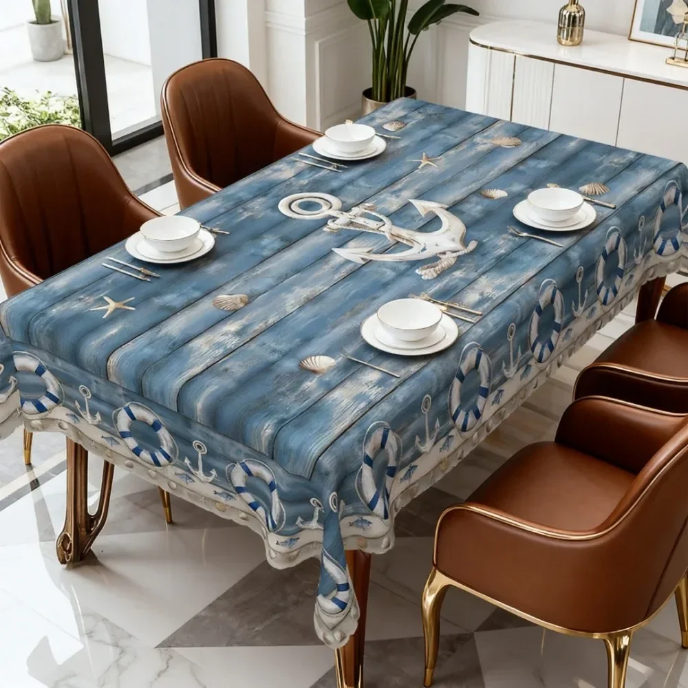 1pc Ocean Navigation Elements Tablecloth (Round / Rectangle / Square) Made of Polyester, Lightweight and Quick-Drying, YZB