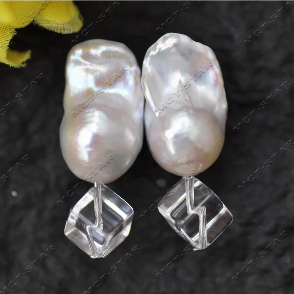MTC·STAR A+ Real Clean Natural Cube Crystal 25mm White Baroque Reborn Keshi Pearl Stud Earring (Z14079)