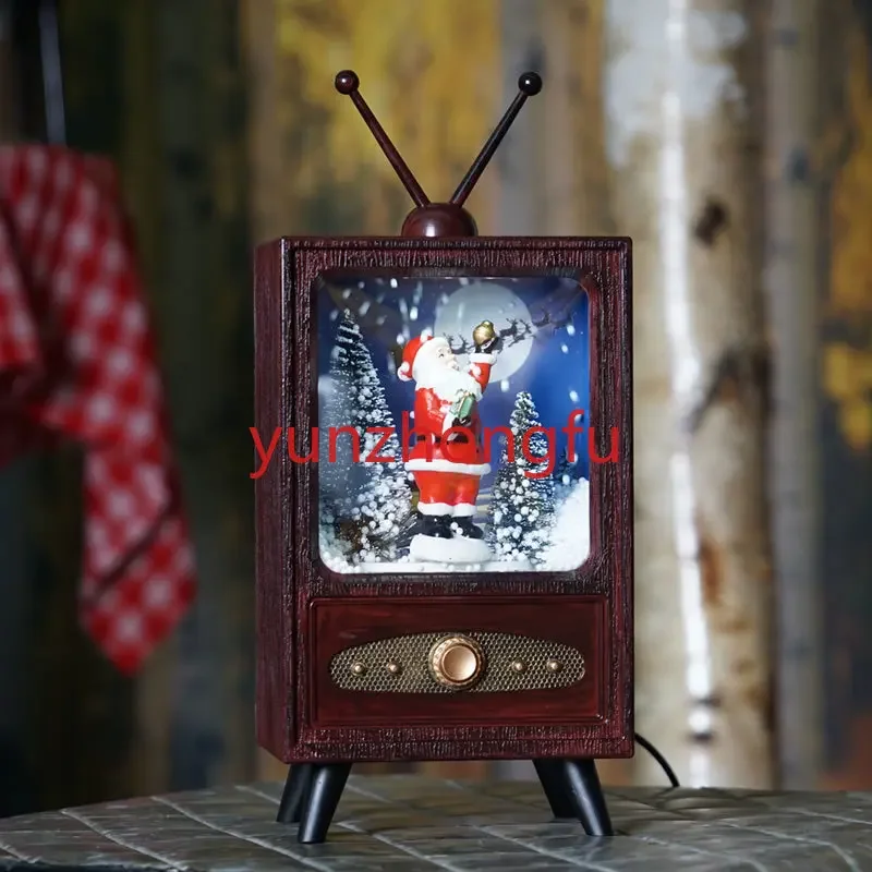 Ornamen TV rumah bercahaya, hiasan rumah versi mini retro musik salju
