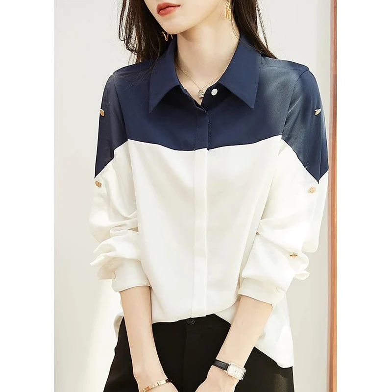 Fashion Lapel Button Spliced Long Sleeve Chiffon Shirts Women's Clothing 2024 Autumn New Loose Casual Tops Office Lady Blouses