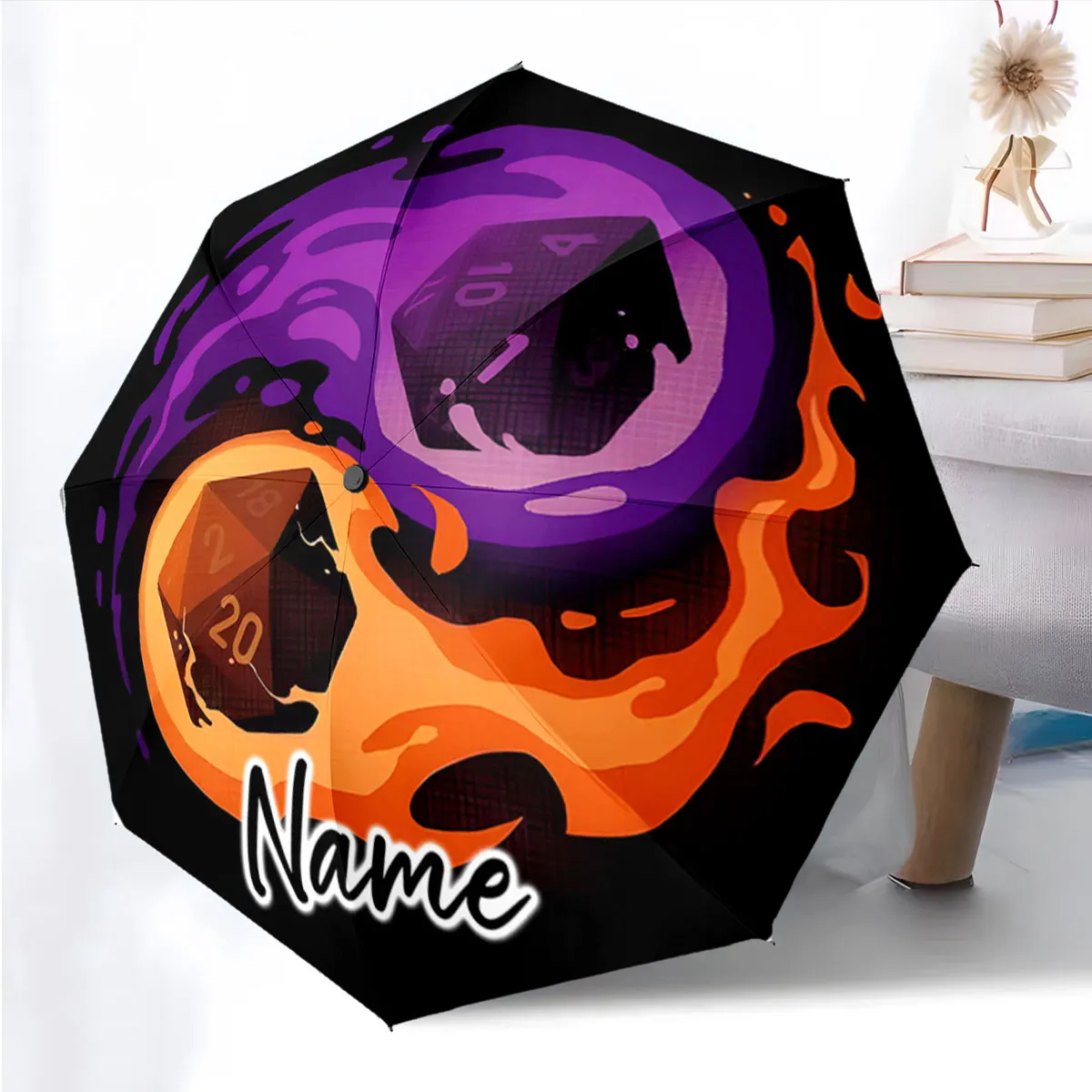 Custom Name Umbrella Colorful Dice-Themed Umbrella with Swirling Print 8 Iron Ribs Folding Umbrella Auto-Open Fashion Sunshade