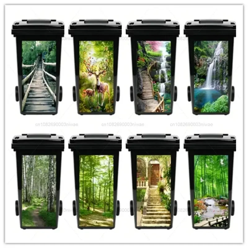 Plant Landscape Painting Trash Can Stickers, Outdoor Trash Can Stickers, PVC Waterproof Decorative Stickers