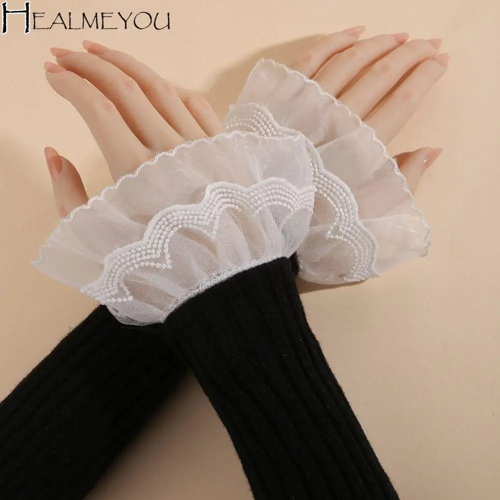 

Double Layer Lace Fake Cuffs Pleated Flower Elastic Sleeve Cuffs Polka Dot All-match False Cuff Sleeve Sweater Decorative